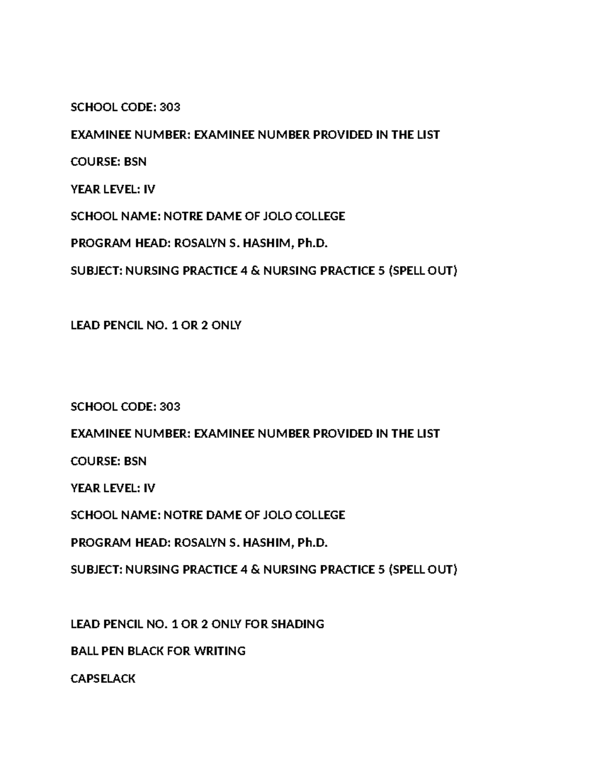 School CODE - ..... - SCHOOL CODE: 303 EXAMINEE NUMBER: EXAMINEE NUMBER ...