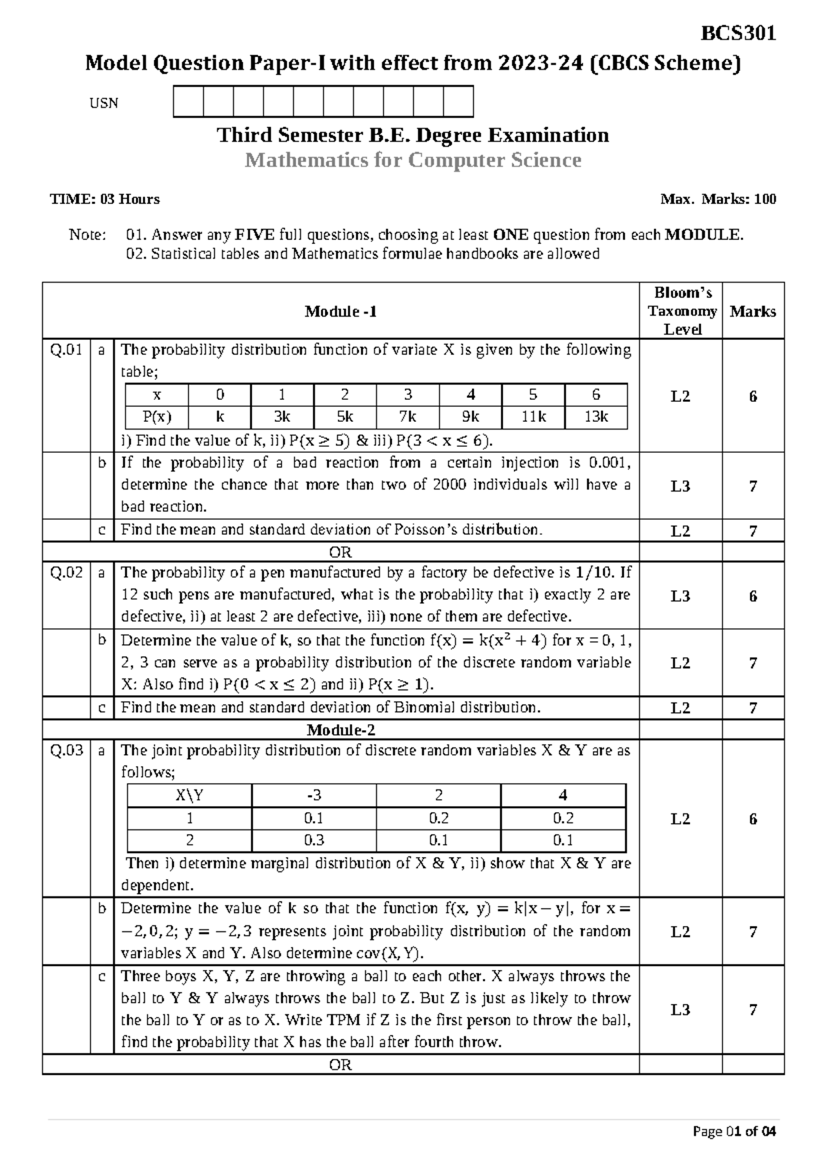BCS301 - model question paper - Model Question Paper-I with effect from ...