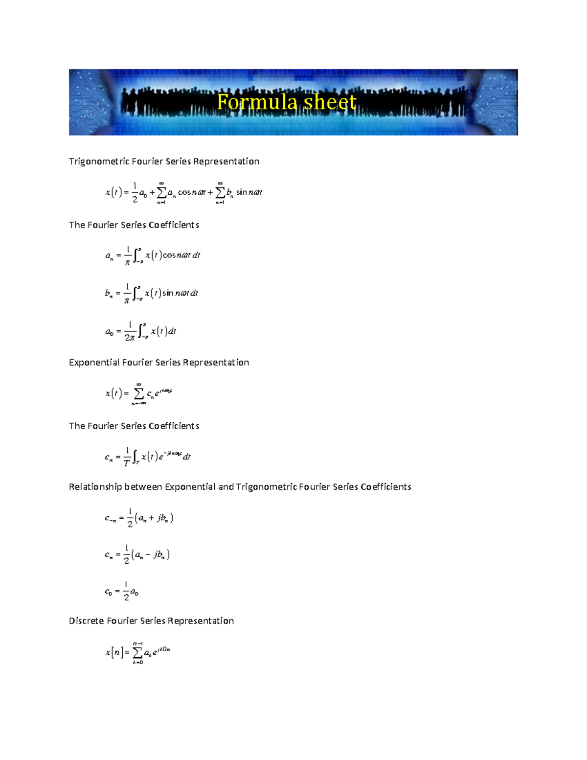 EE 210 Fourier Series & Transformations Formula Sheet - Studocu