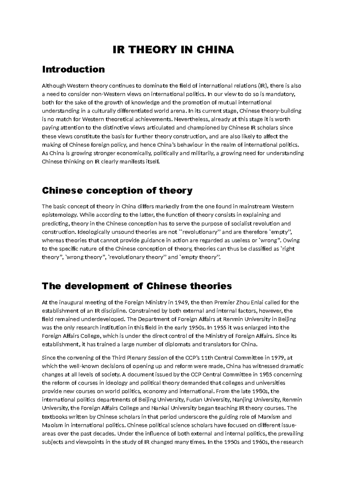 IR THEORY IN CHINA: An Overview of Development and Challenges - Studocu