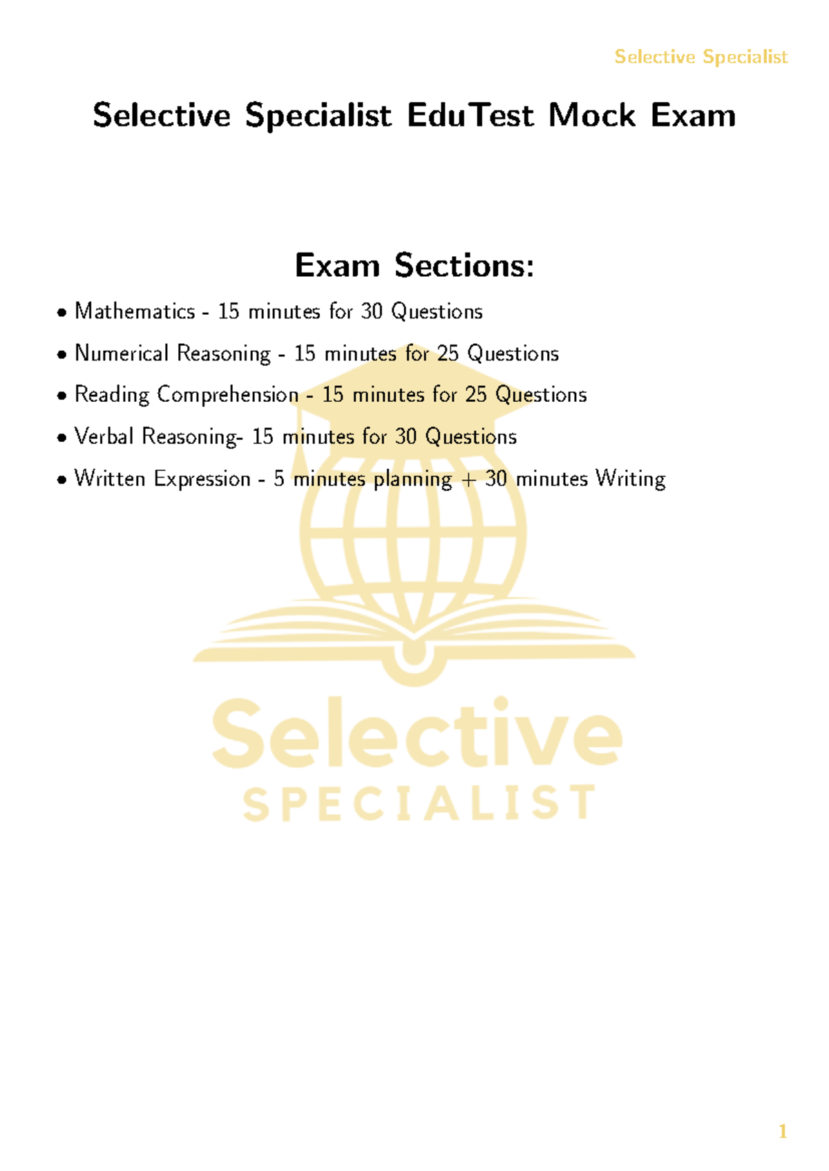 Selective Specialist EduTest Mock Exam: Mathematics, Numerical ...