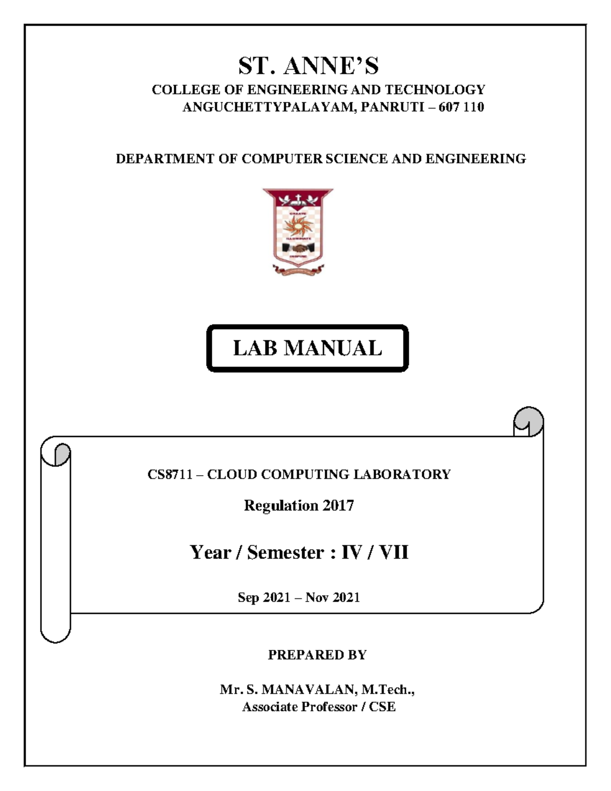 CS8711 - Cloud Computing Laboratory Lab Manual and Experiments - Studocu
