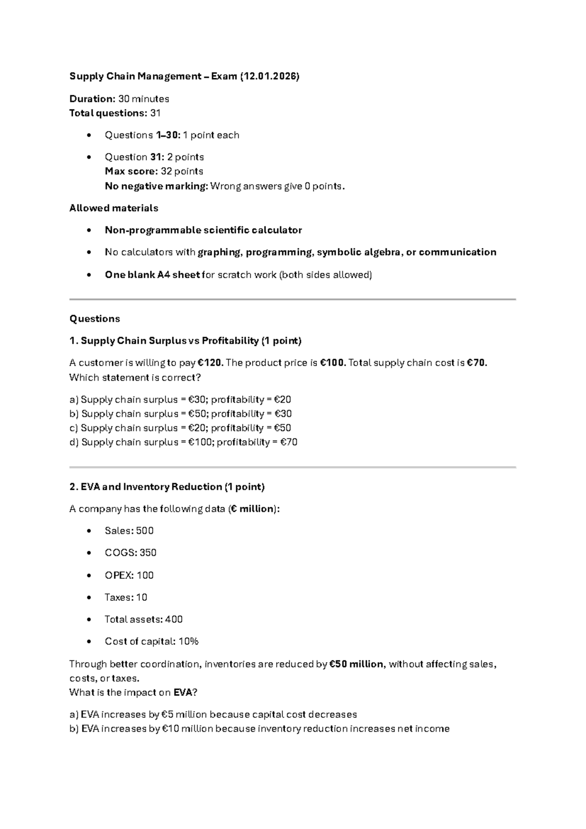 SCM Exam - Supply Chain Management (12.01.2026) - 32 Points Total - Studocu