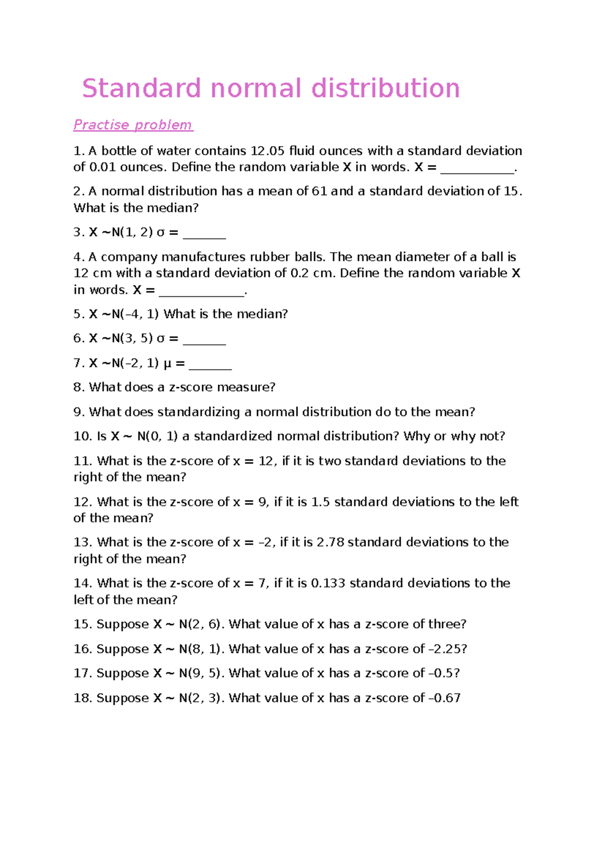 Standard Normal Distribution Practice Problems - Studocu