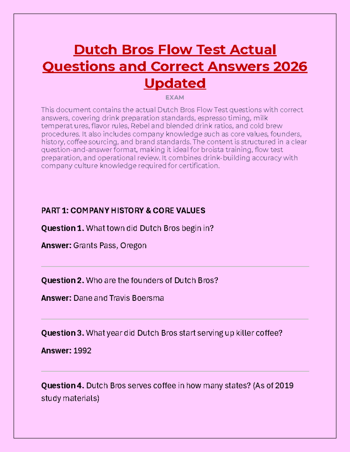 Dutch Bros Flow Test Questions & Answers 2026 Exam Guide - Studocu