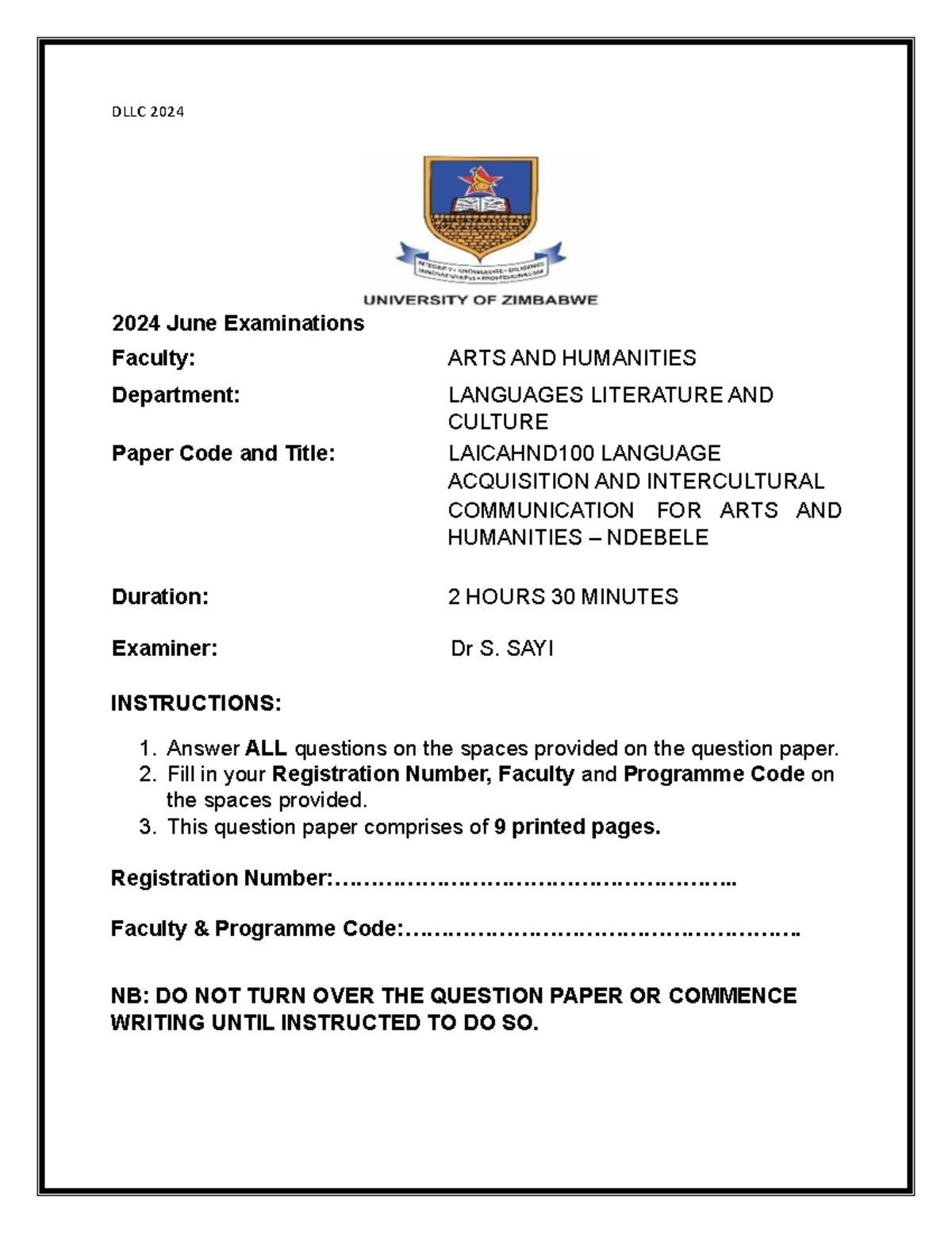 DLLC 2024 NDEBELE Language Acquisition Exam Paper Notes - Studocu