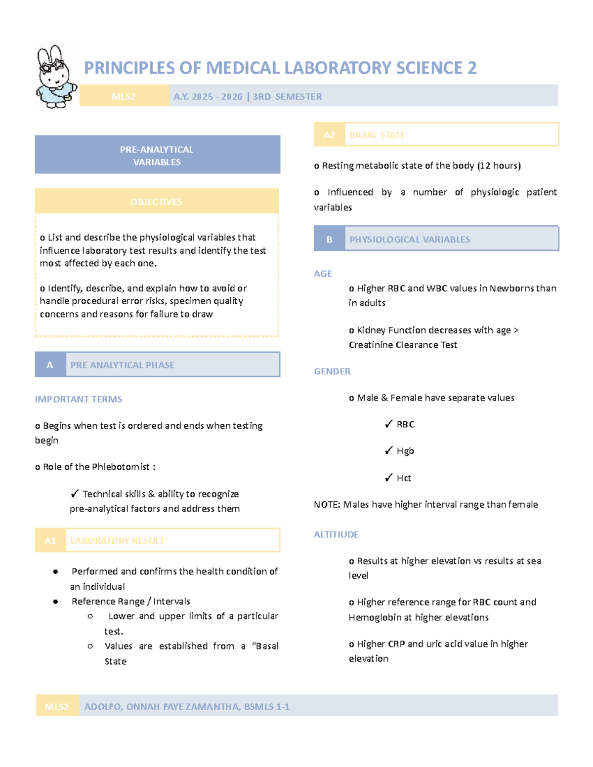 Pre-Analytical Variables in Medical Laboratory Science 2 MLS2 A.Y. 2025 ...