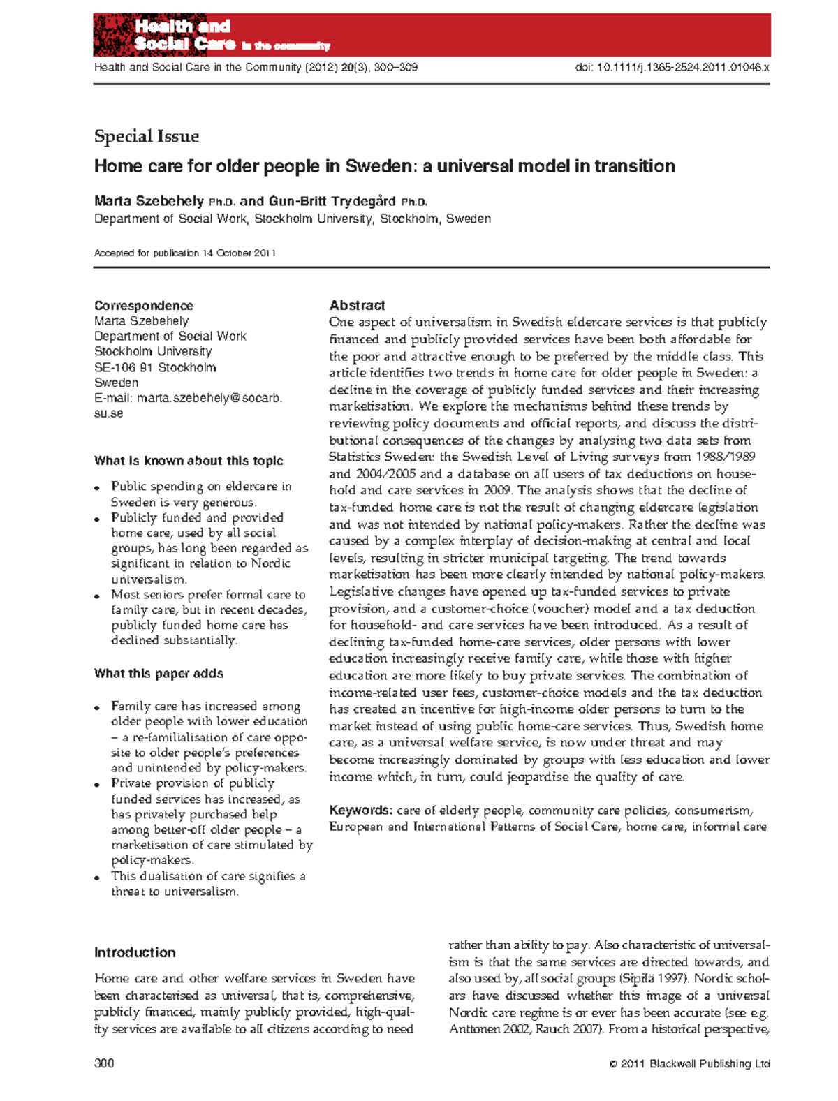 Home Care for Older People in Sweden: Trends and Challenges (HSC 2012 ...