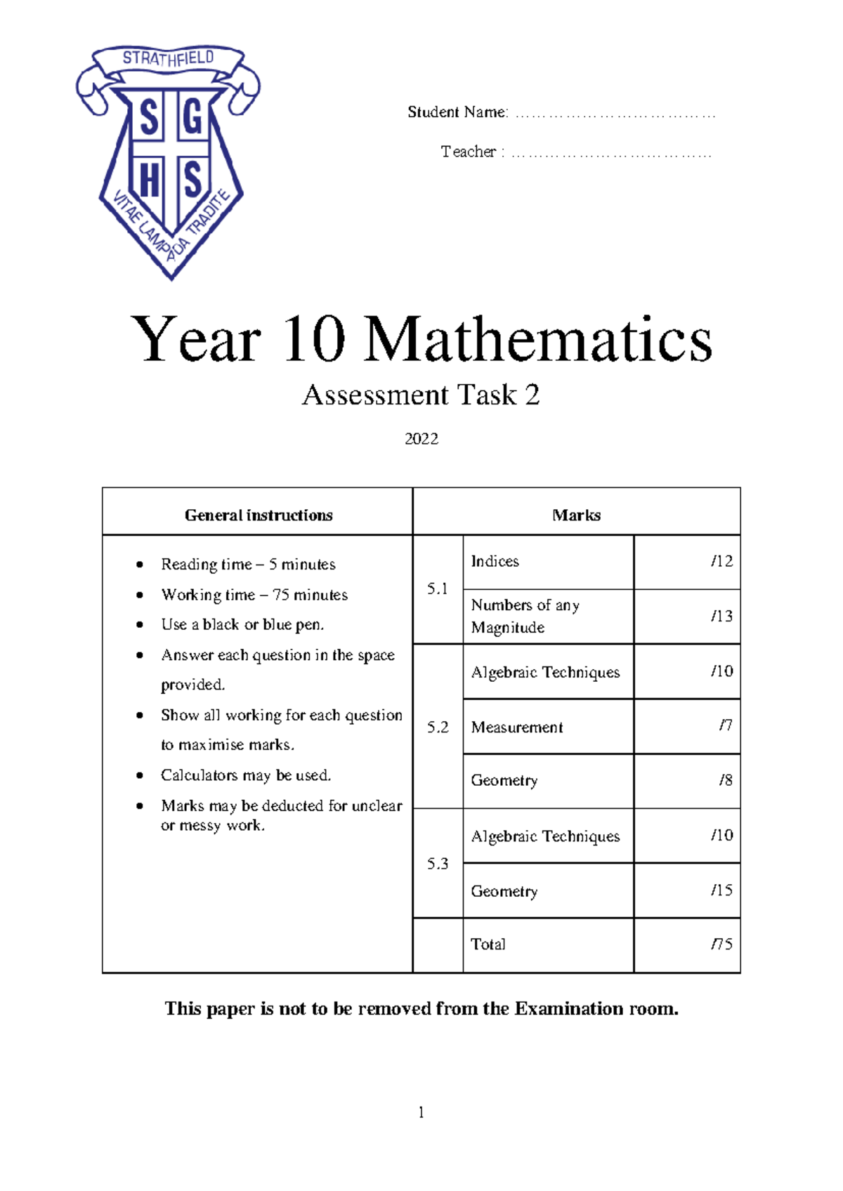 SGHS 2022 Year 10 Mathematics Assessment Task 2 - Studocu
