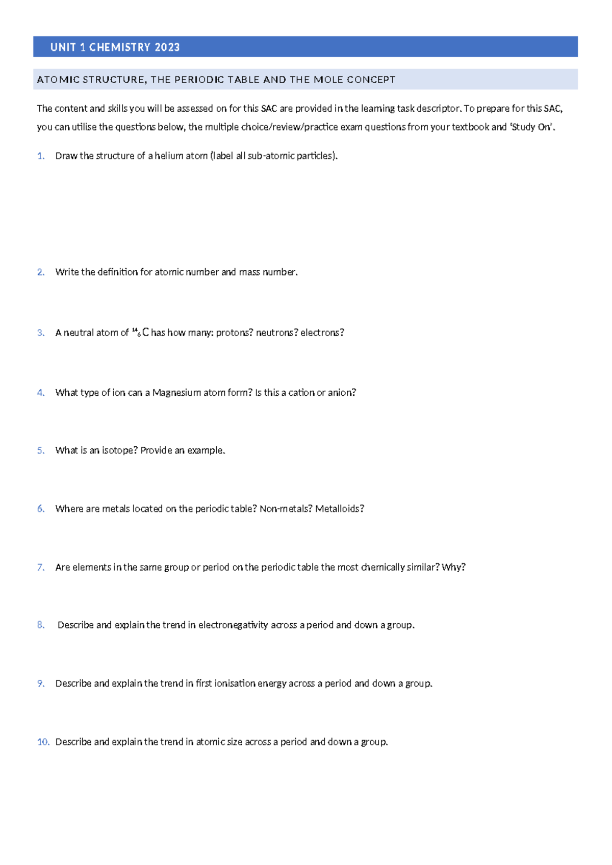 SAC1 Revision 2023 - Chemistry Unit 1 Practice Questions and Skills ...