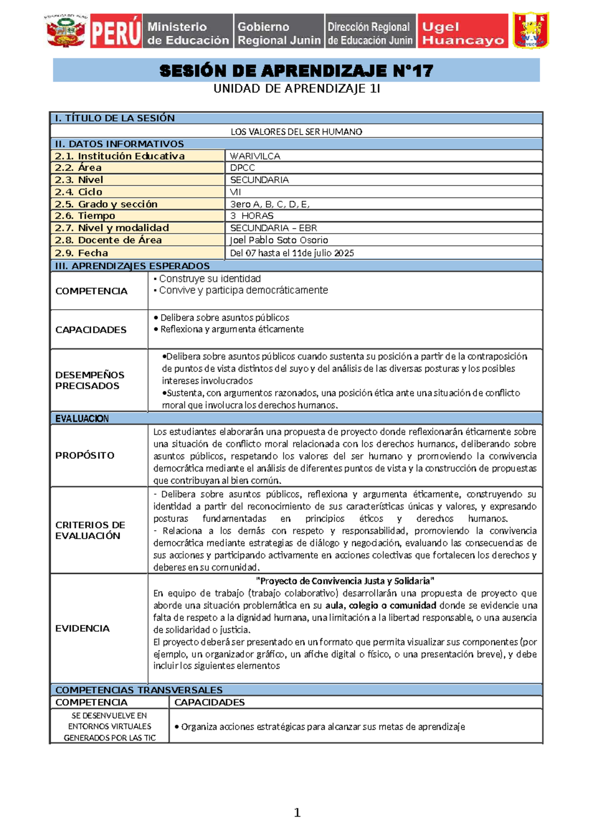 SESION DE APRENDIZAJE DPCC 3ER GRADO: VALORES DEL SER HUMANO - Studocu