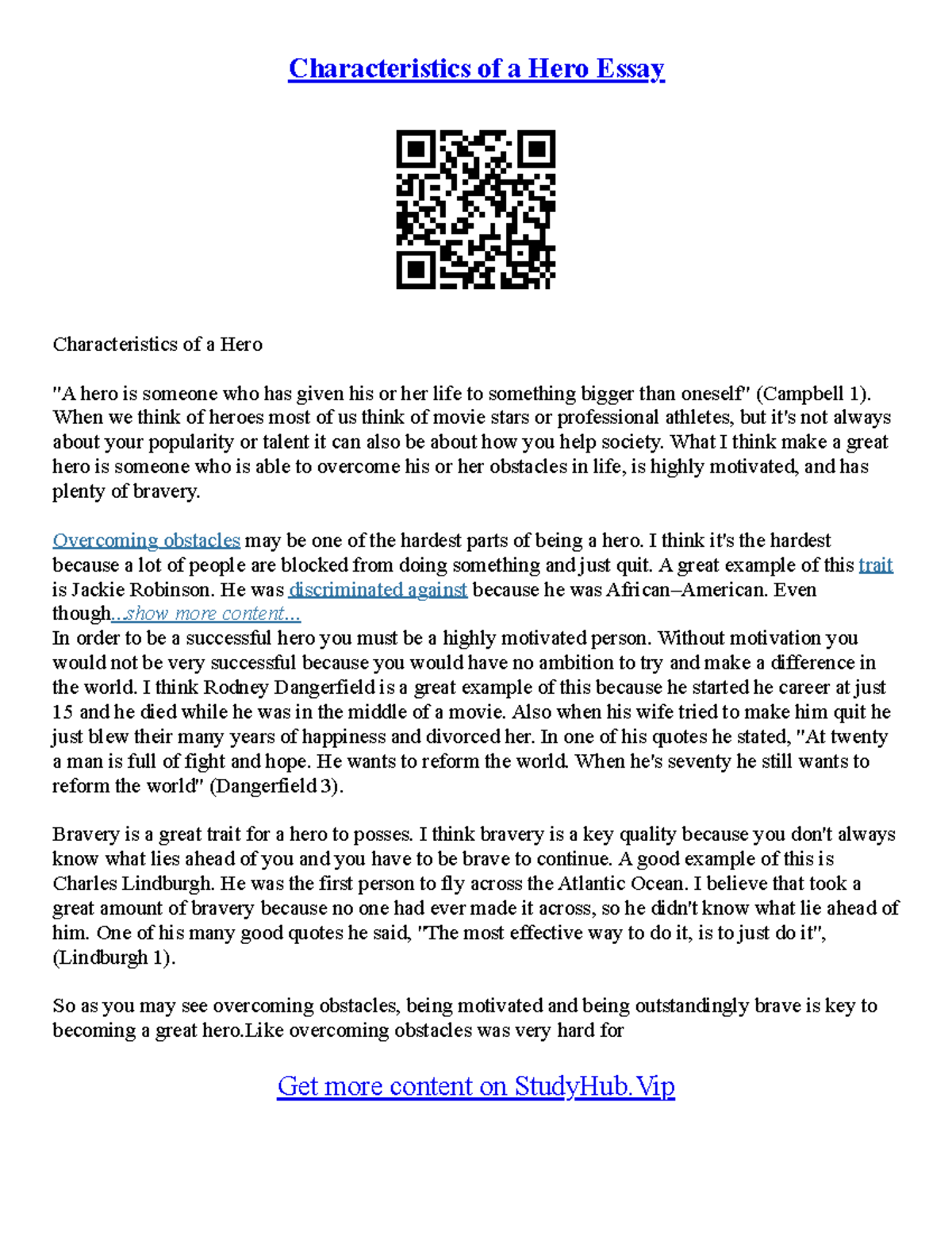 Hero Essay: Exploring Characteristics of a True Hero - Studocu