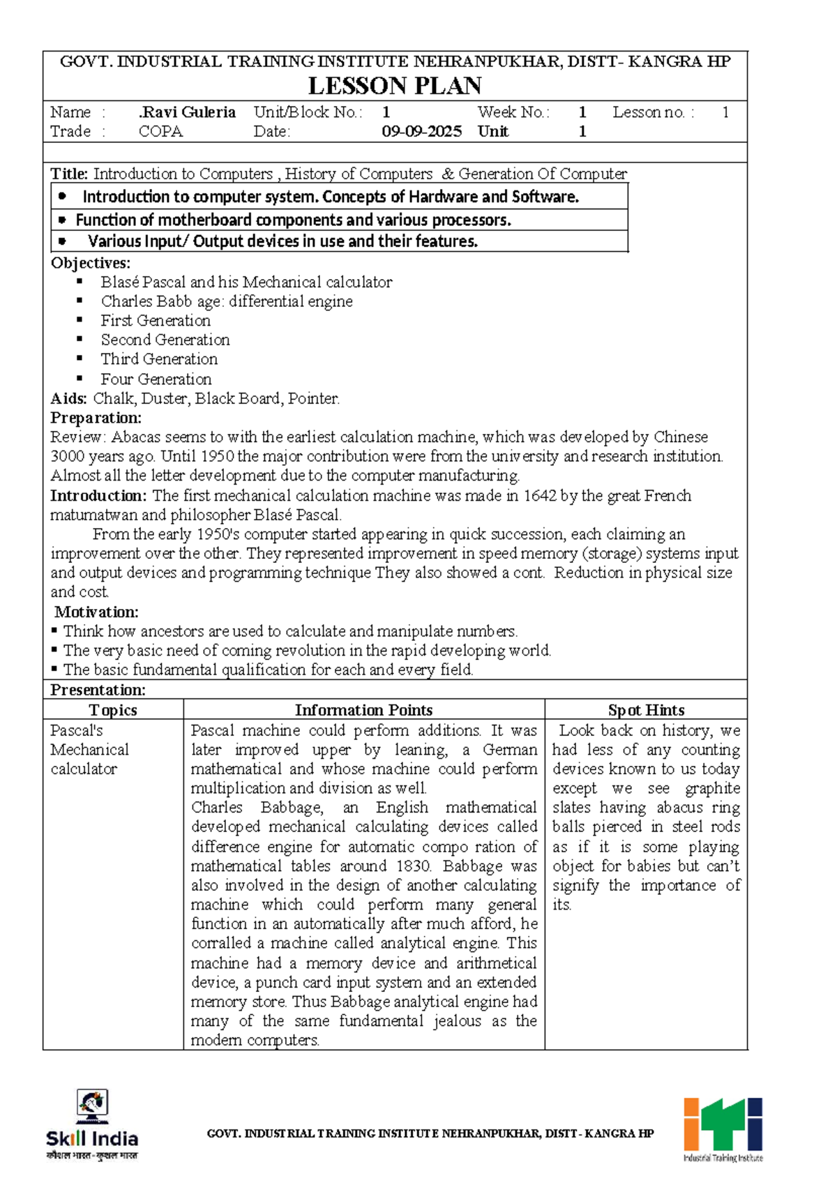 GOVT. ITI NEHRANPUKHAR, KANGRA HP: COPA Lesson Plans Overview - Studocu
