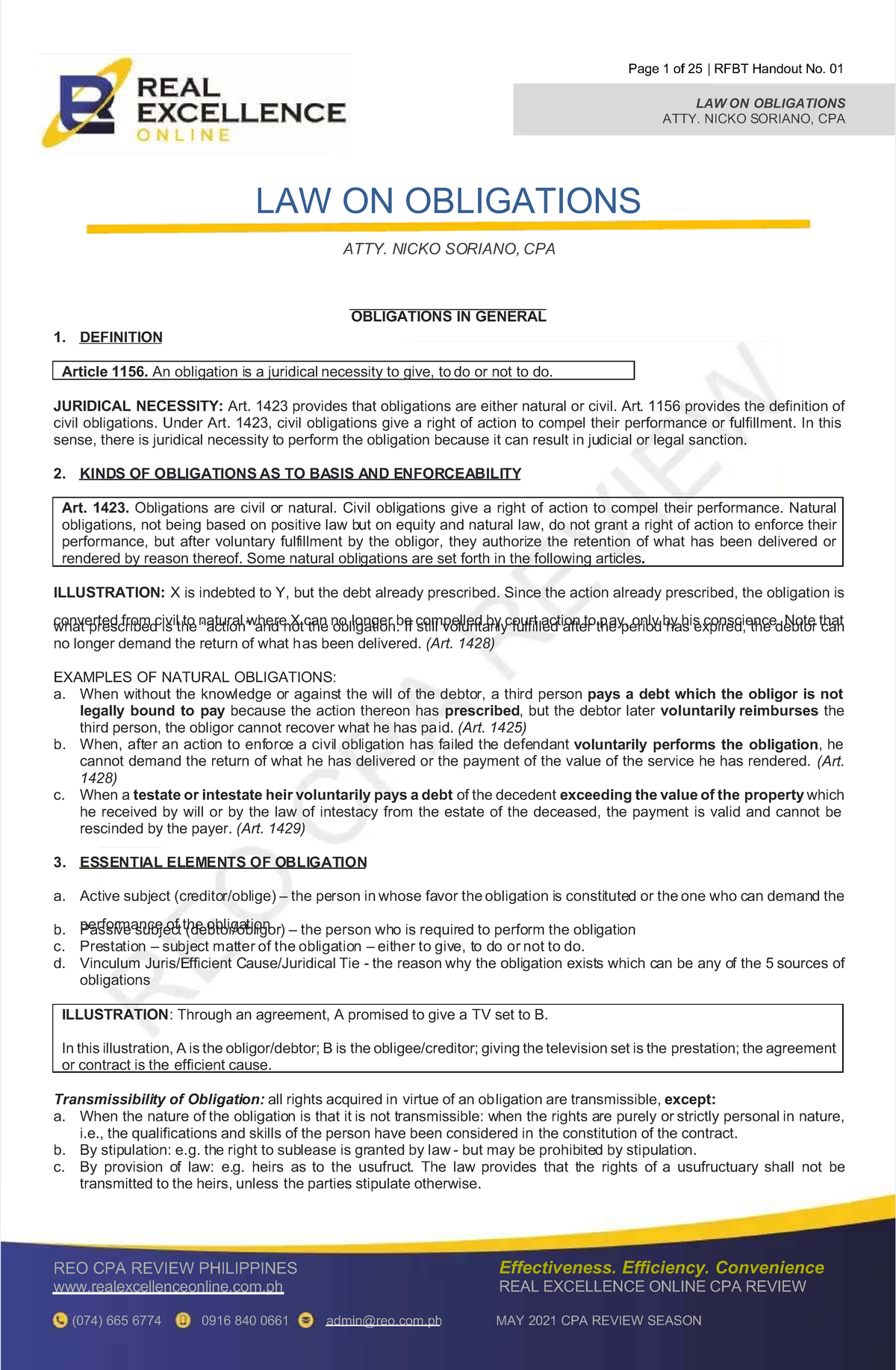 RFBT 01: Comprehensive Handout on Law on Obligations by Atty. Nicko ...
