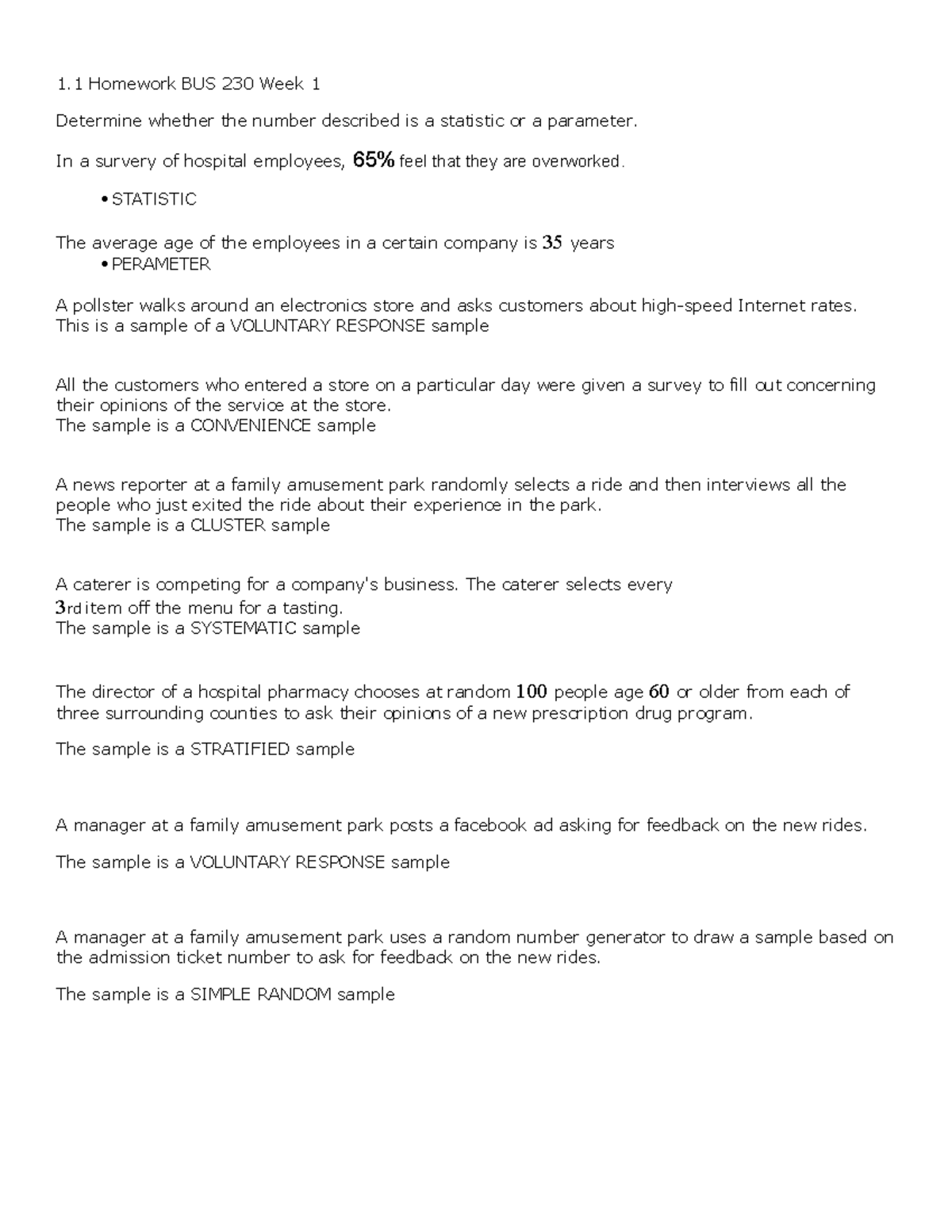 BUS 230 Homework 1 - Q&A for Statistics and Sampling Methods - Studocu