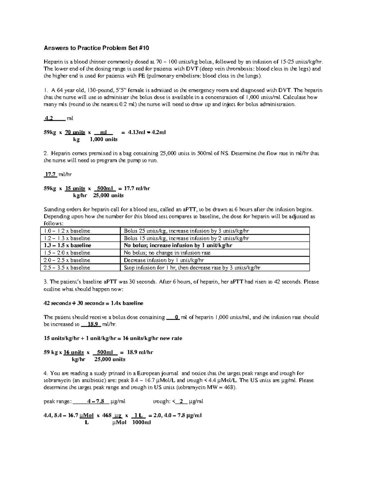Heparin Dosing & Management: Practice Problem Set for PHAR 101 - Studocu