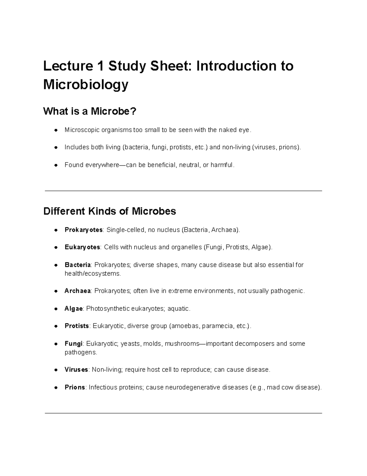 Lecture Study Sheet: Intro to Microbiology & Microbes - Studocu
