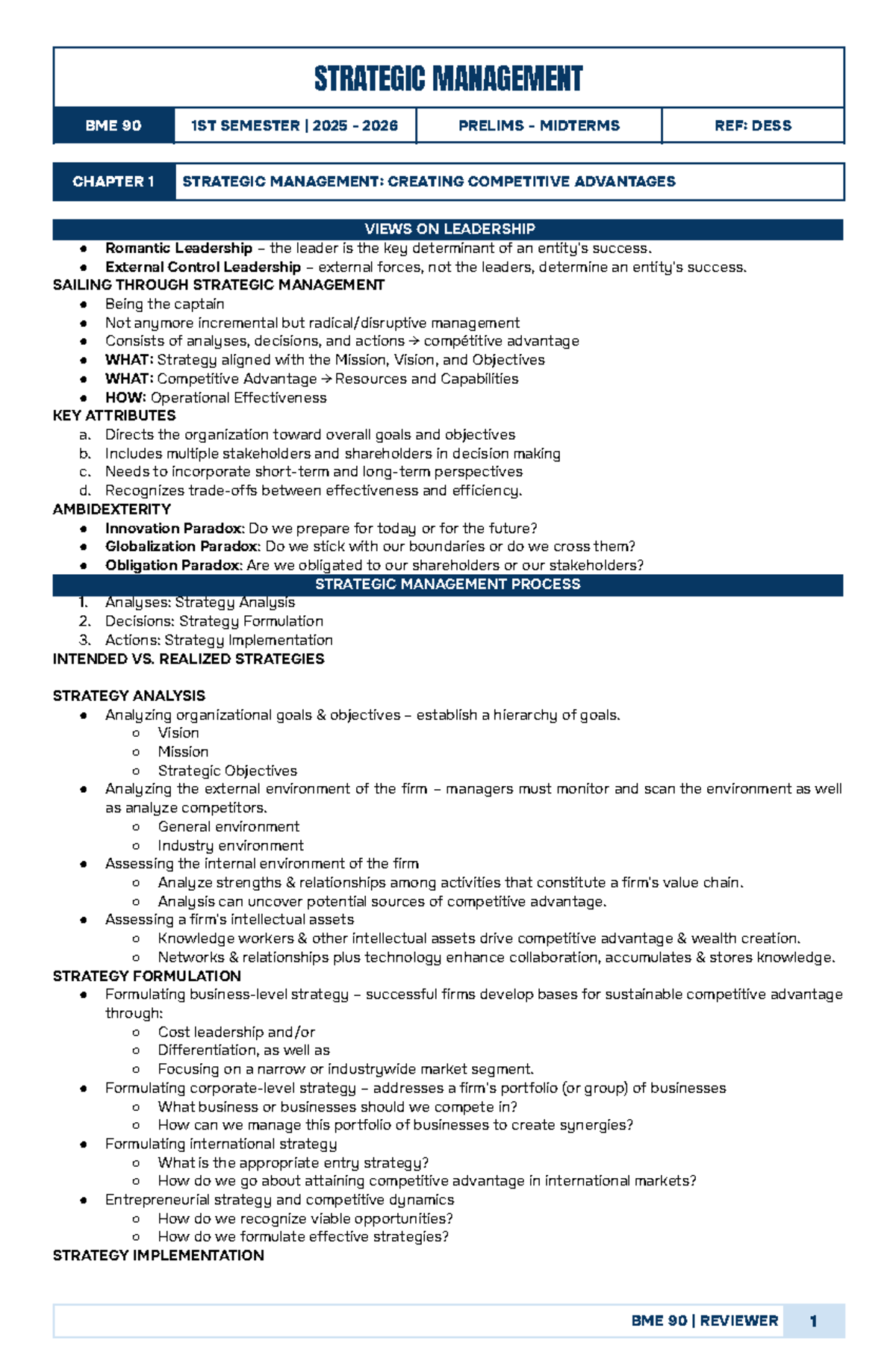 BME 90 Strategic Management Chapter 1 Midterm Review 2025-2026 - Studocu