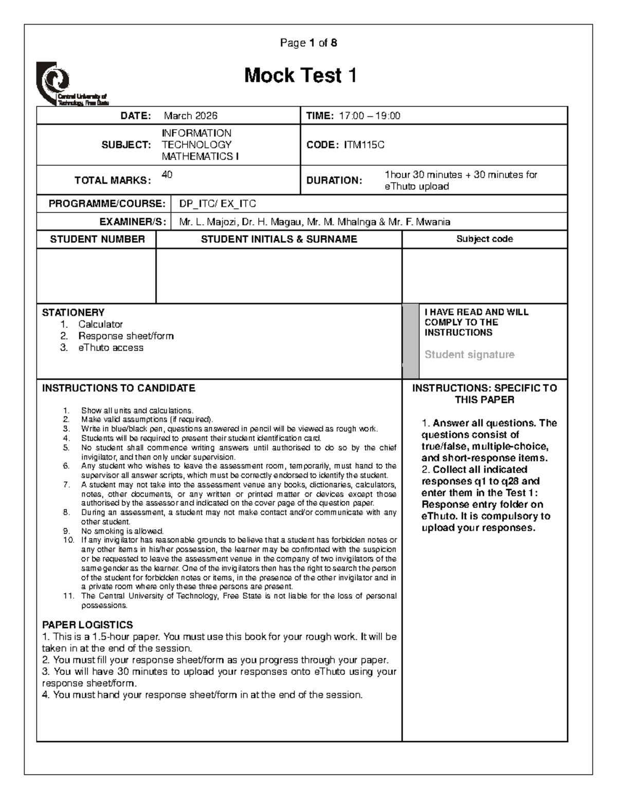 ITM115C Mock Test 1 - Information Technology Mathematics I 2026 - Studocu