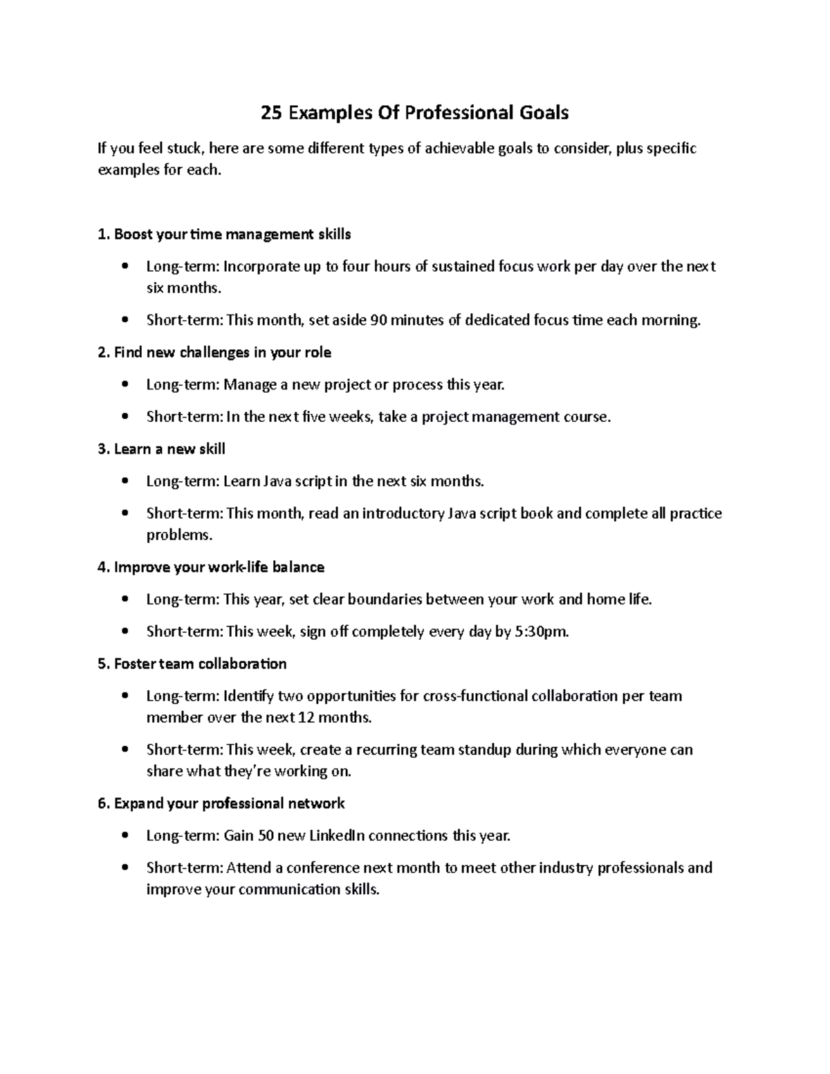 25 Examples Of Professional Goals - Boost your time management skills ...