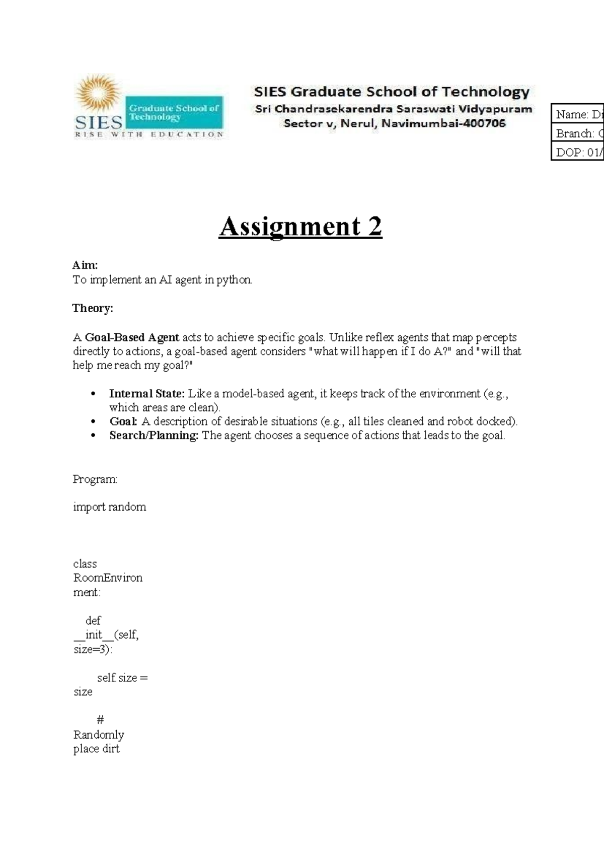 123A1042 AI - Practical Assignment 2: Implementing an AI Agent in ...