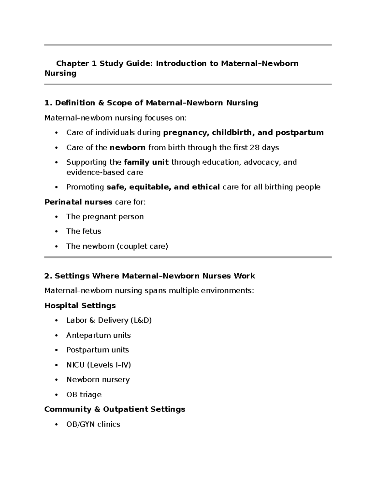 Chp 1 & 2 Exam Notes: Maternity Nursing Overview and Care - Studocu
