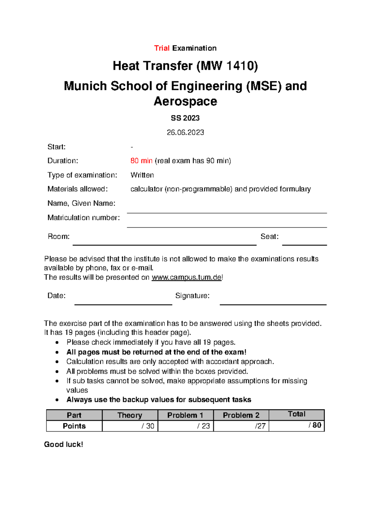 Trial Examination Mock Exam Heat Transfer (MW 1410) SS 2023 - Studocu