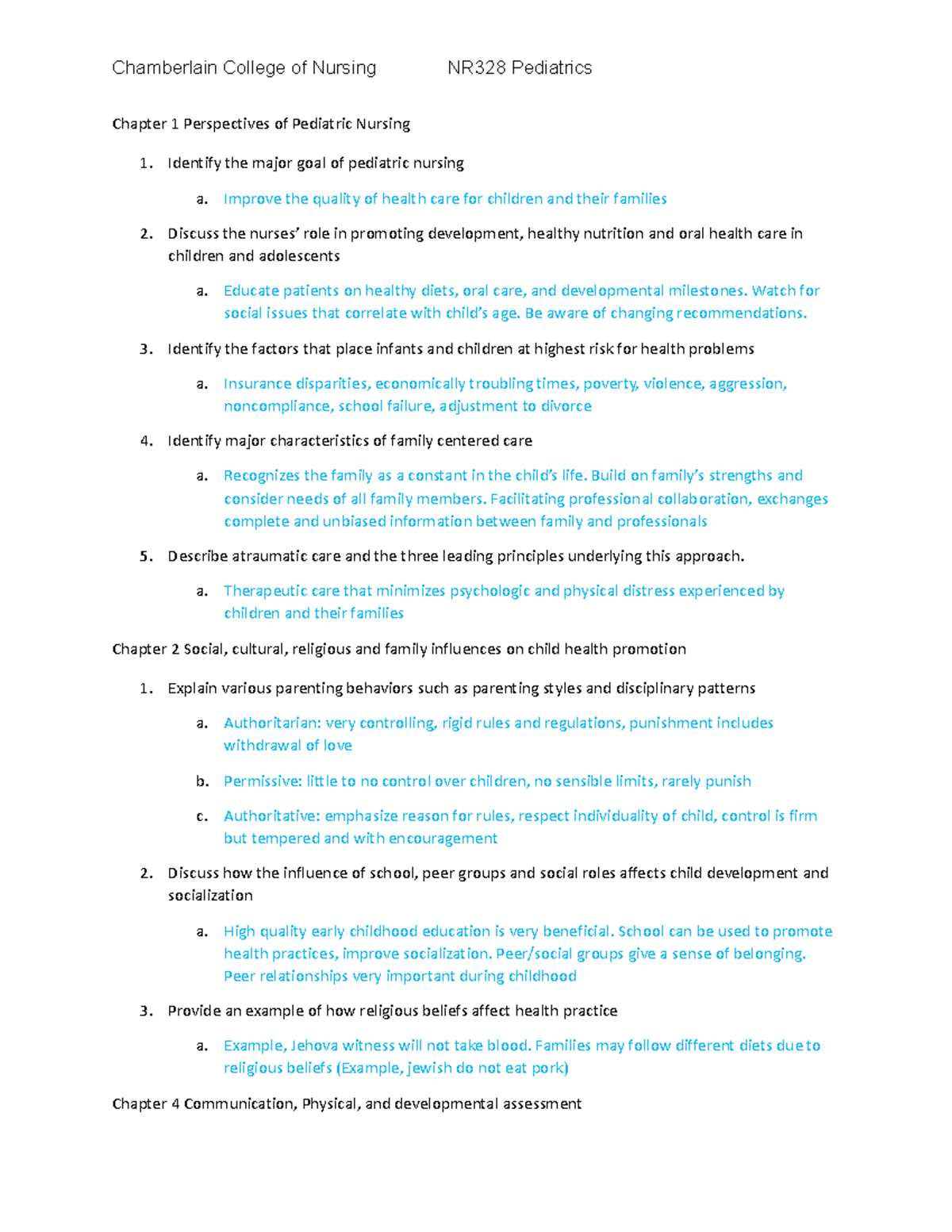 PEDS 101: Week 1 Preclass Questions on Pediatric Nursing Concepts - Studocu
