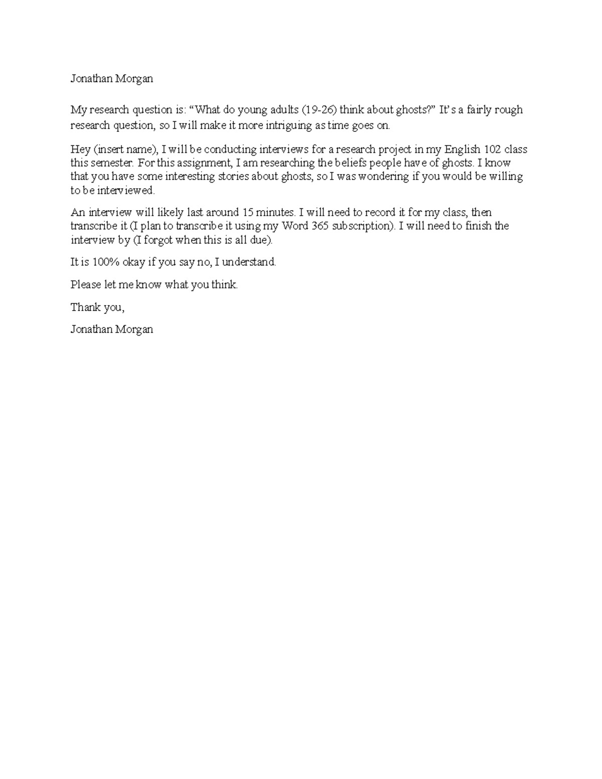 Final research question and recruitment script - Jonathan Morgan My ...