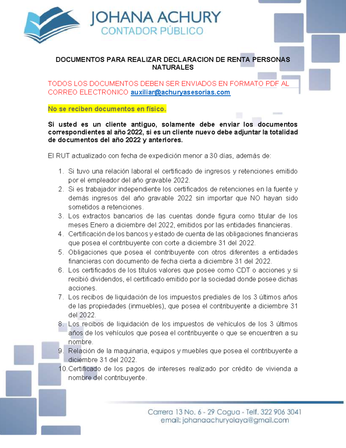 Solicitud DE Documentos Declaracion DE Renta 2022 - DOCUMENTOS PARA ...