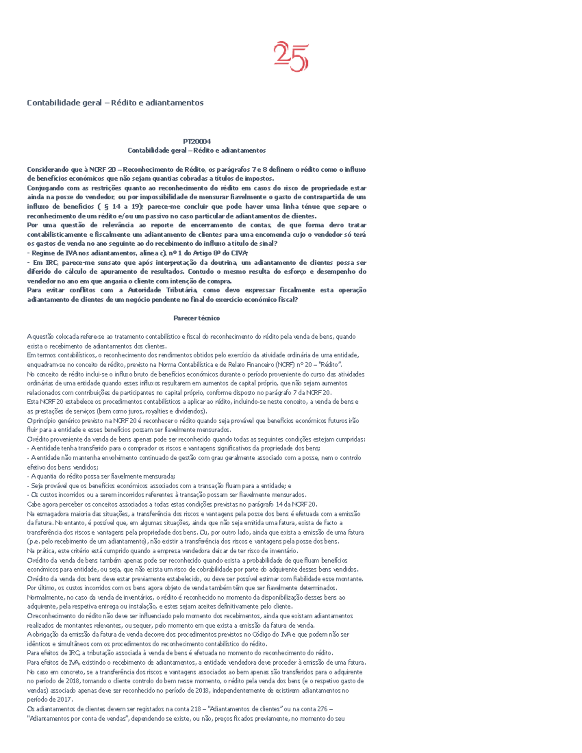 Rédito e Adiantamentos na Contabilidade Geral - OCC Análise Técnica ...