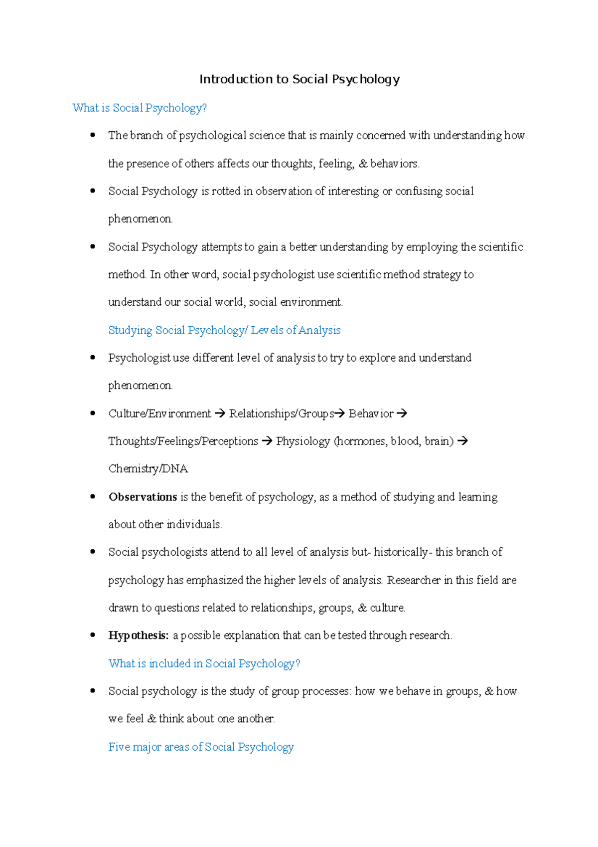 PSY 101 - Unit 1 Lecture Notes on Introduction to Social Psychology ...
