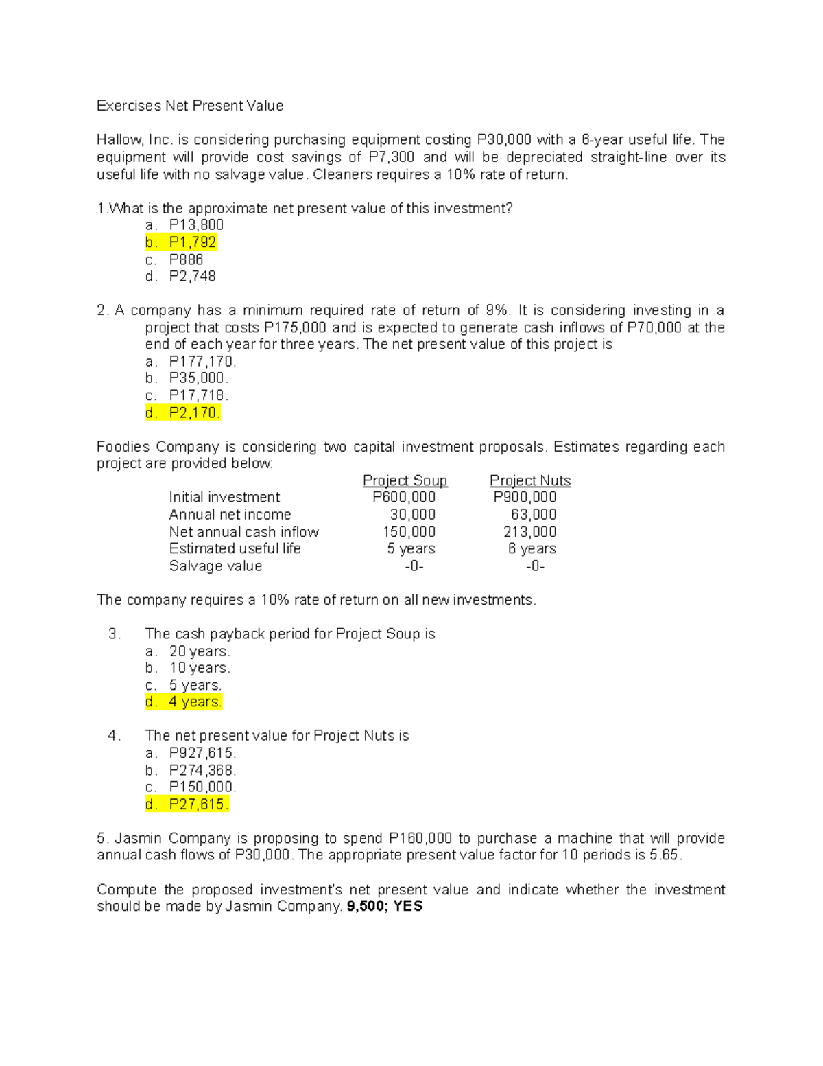 Net Present Value Exercises for Finance Course (FIN 201) - Studocu