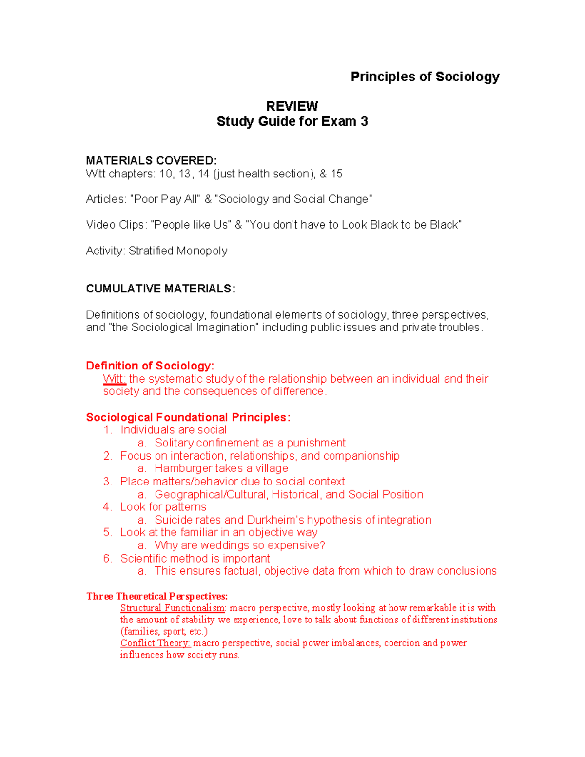 Principles of Sociology Study Guide for Exam 3 (SOC 101) - Principles ...