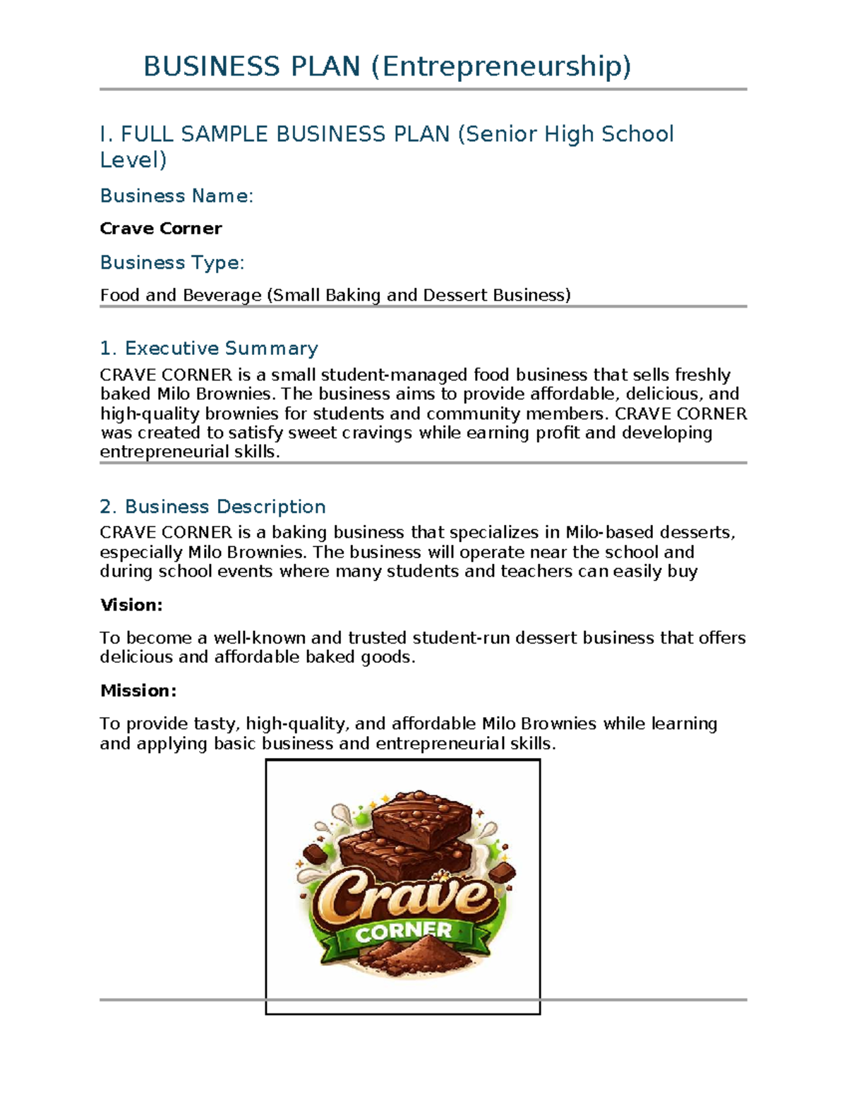ENTREP-FINAL: Sample Business Plan for Crave Corner Bakery - Studocu