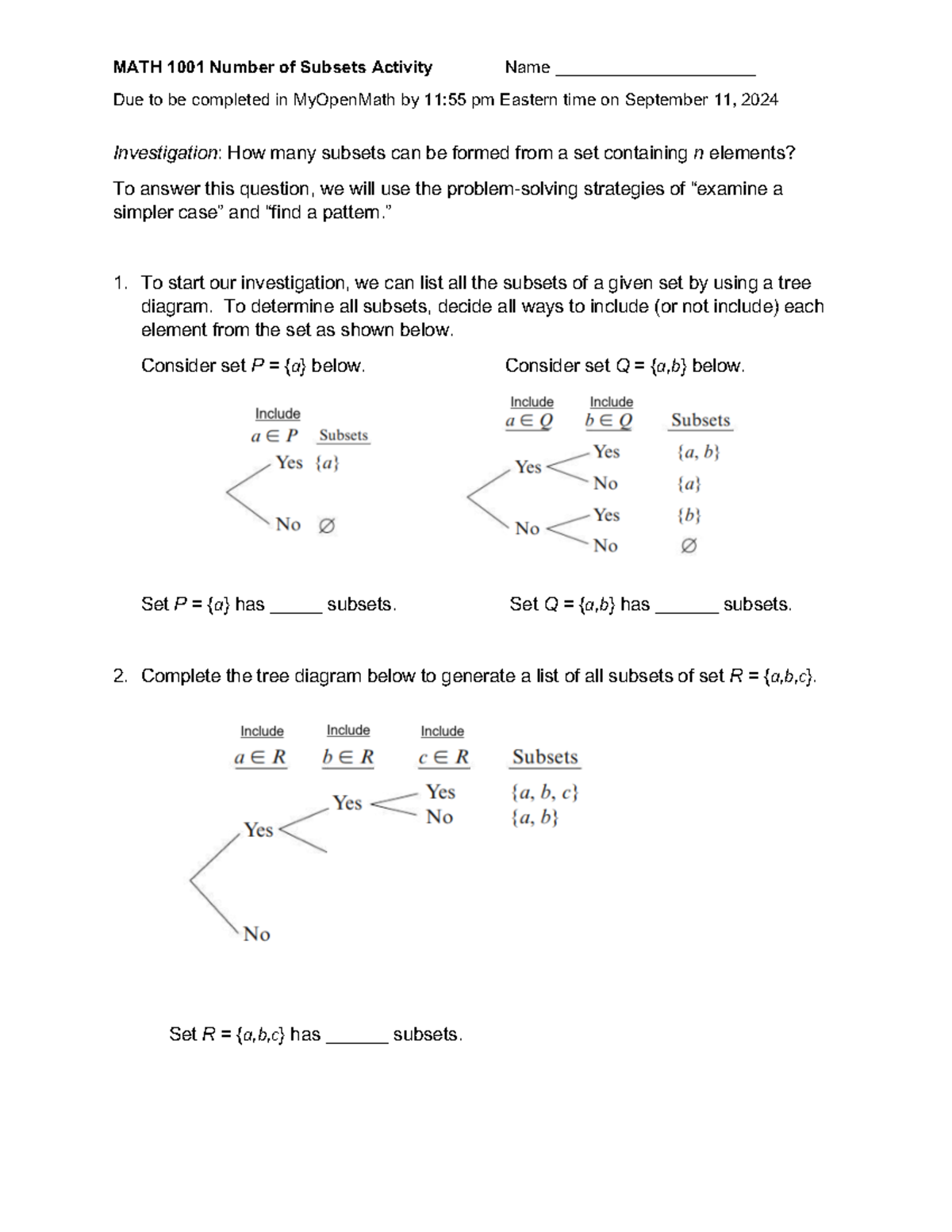 MATH 1001 Subsets Activity Worksheet and Investigation Guide - Studocu
