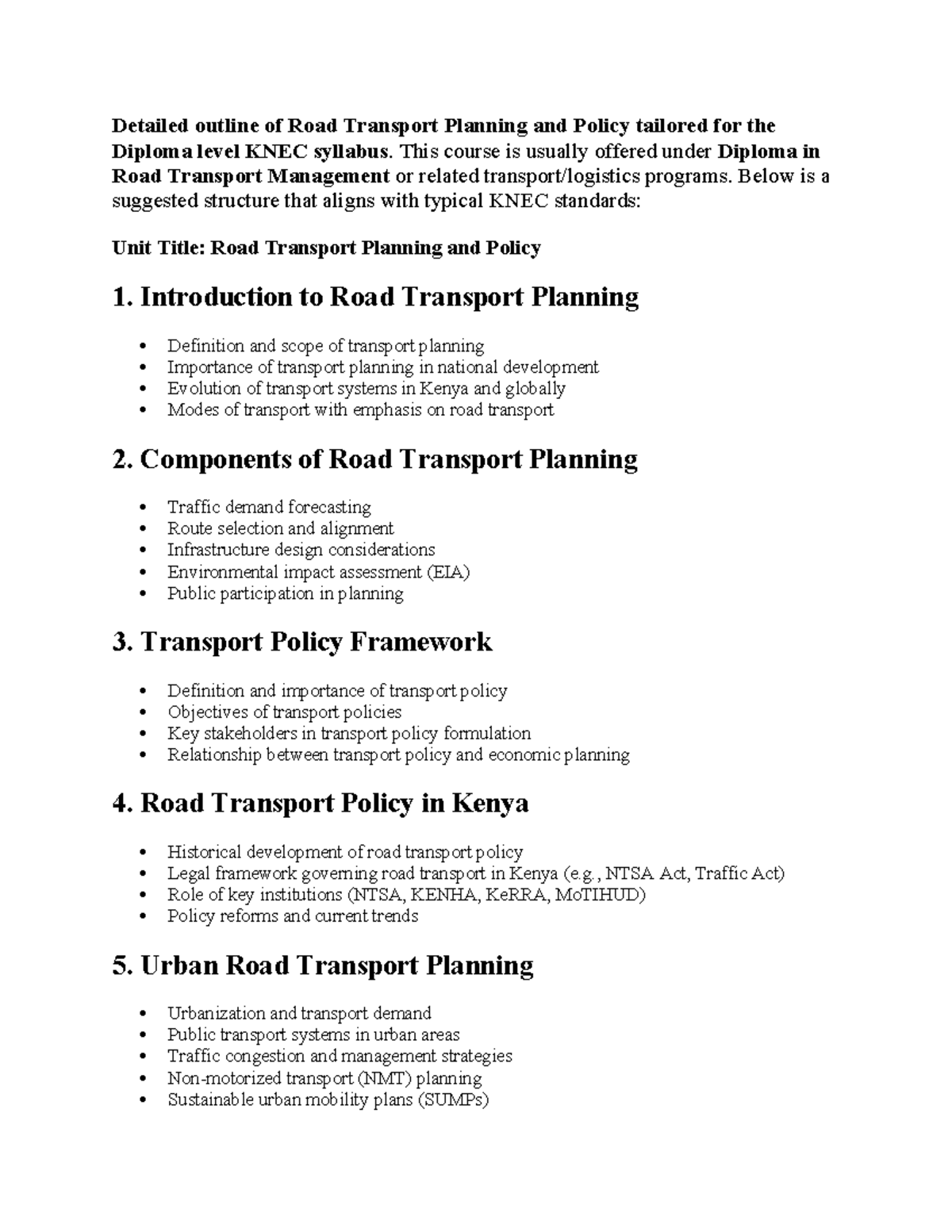 RTPP 101: Detailed Outline of Road Transport Planning & Policy Notes ...