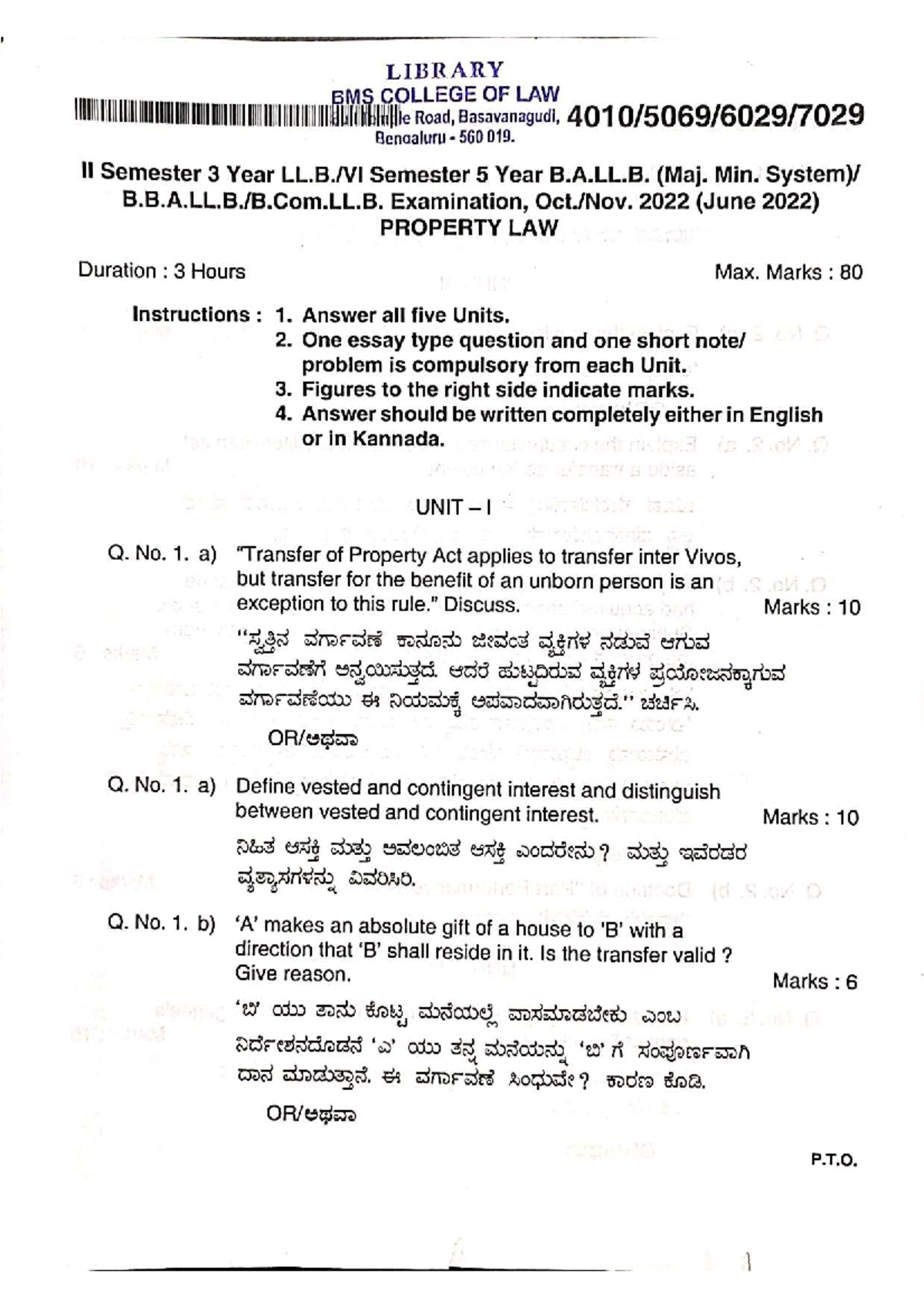 PROPERTY LAW - B.A.LL.B. (Sem 3 & 5) Exam Questions - Nov 2022 - Studocu