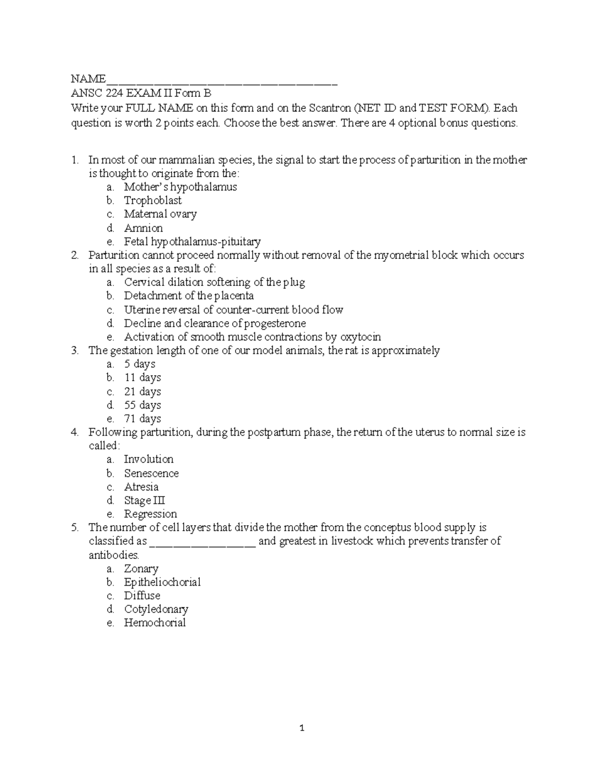 ANSC 224 EXAM II Form B - Study Guide and Questions - Studocu