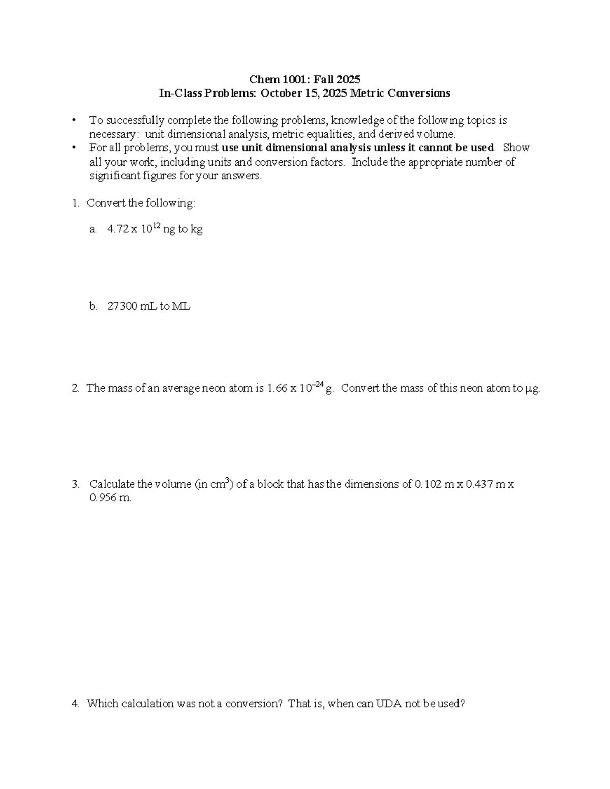 Chem 1001: Fall 2025 In-Class Problems on Metric Conversions - Studocu