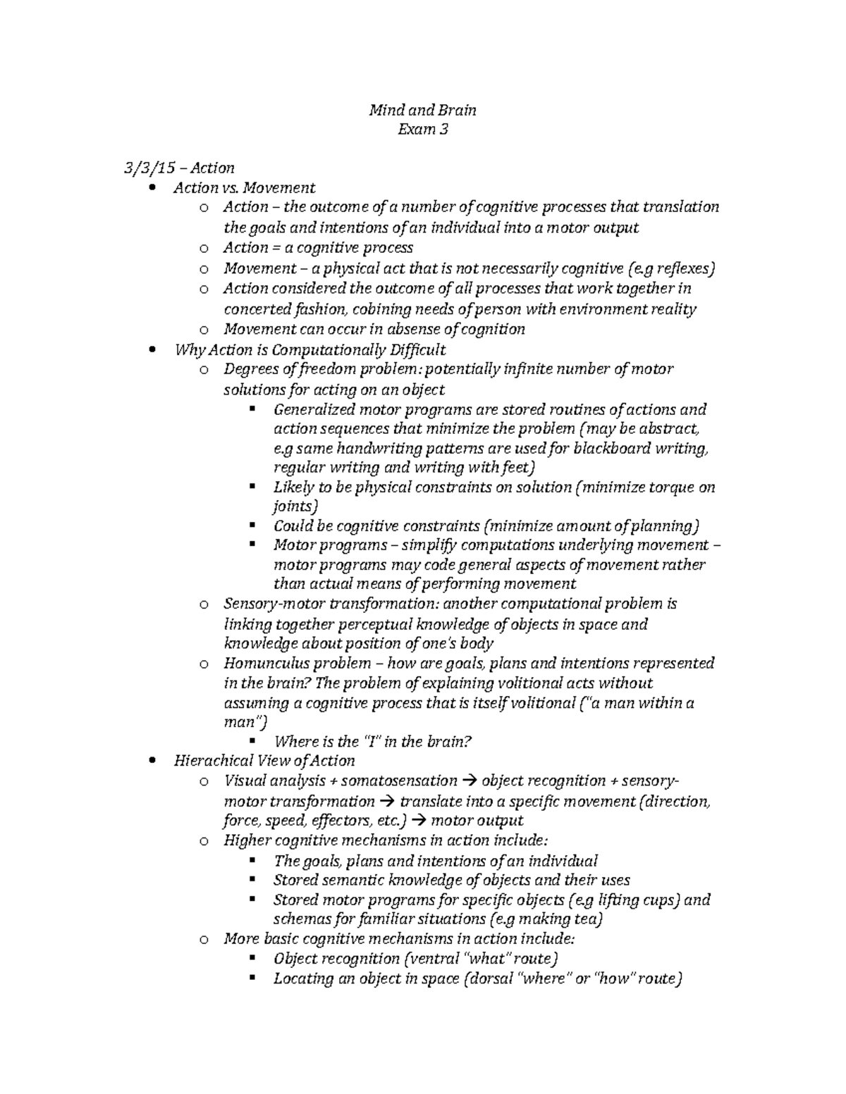 Mind and Brain Exam 3 Notes: Understanding Action and Memory Concepts ...