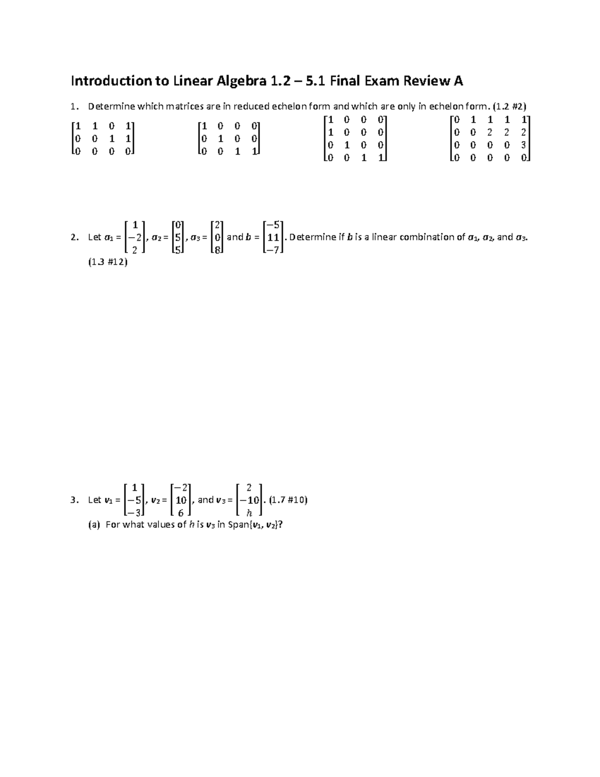 Introduction to Linear Algebra Exam Review Modified for MATH 1554 ...