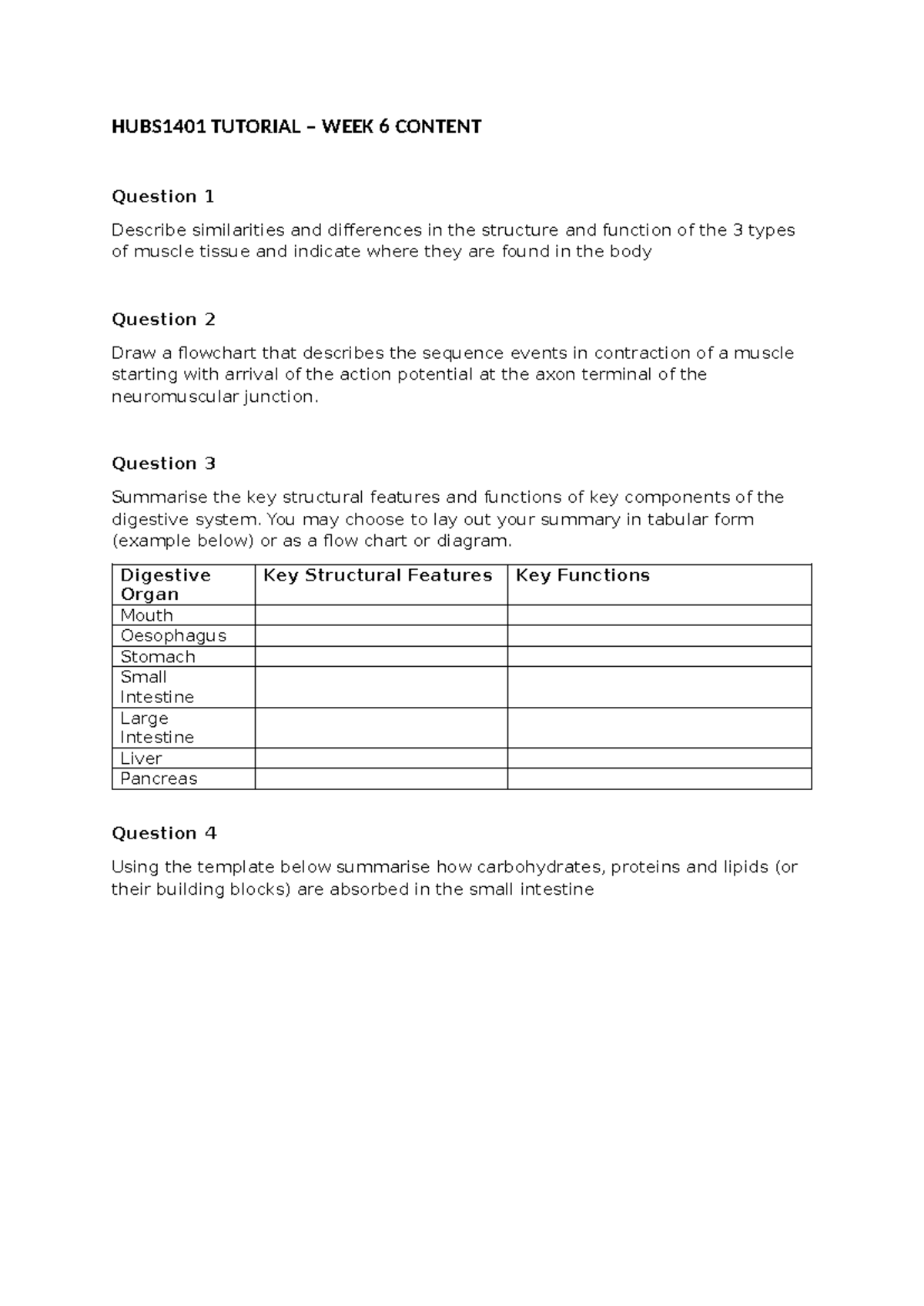 HUBS1401 Tutorial Week 6: Muscle Tissue & Digestive System Overview ...