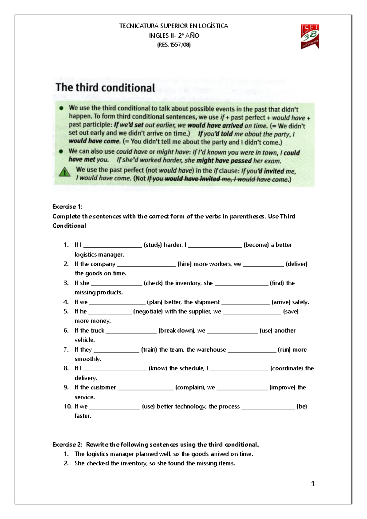 TEC 2º AÑO - Third Conditional Exercises and Practice - Studocu