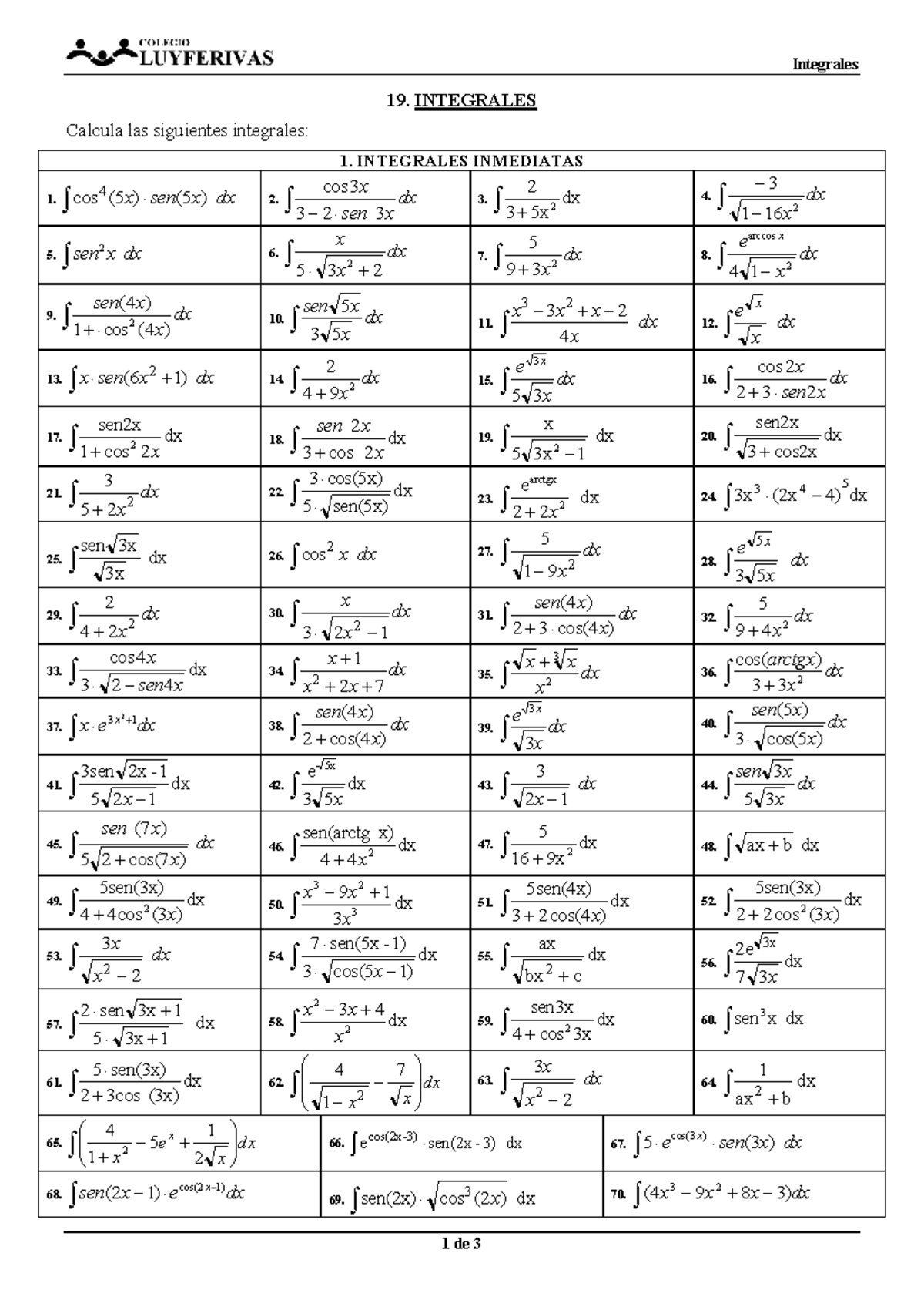19 Integrales - vfyu - Integrales 1 de 3 19. INTEGRALES Calcula las ...
