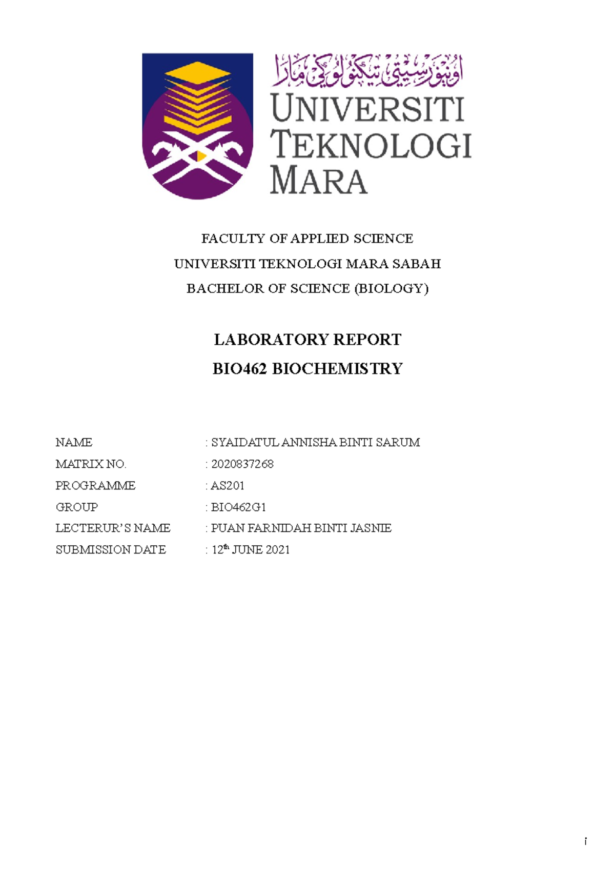BIO462 Lab Report: Biochemistry Laboratory Work and Results - Studocu