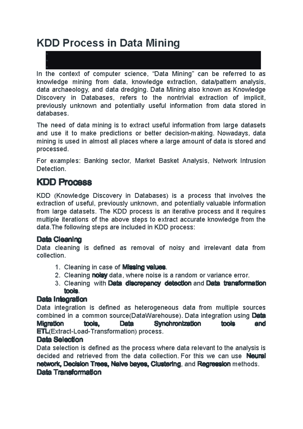 KDD-Introduction - its about notes from kdd algorithm - KDD Process in ...