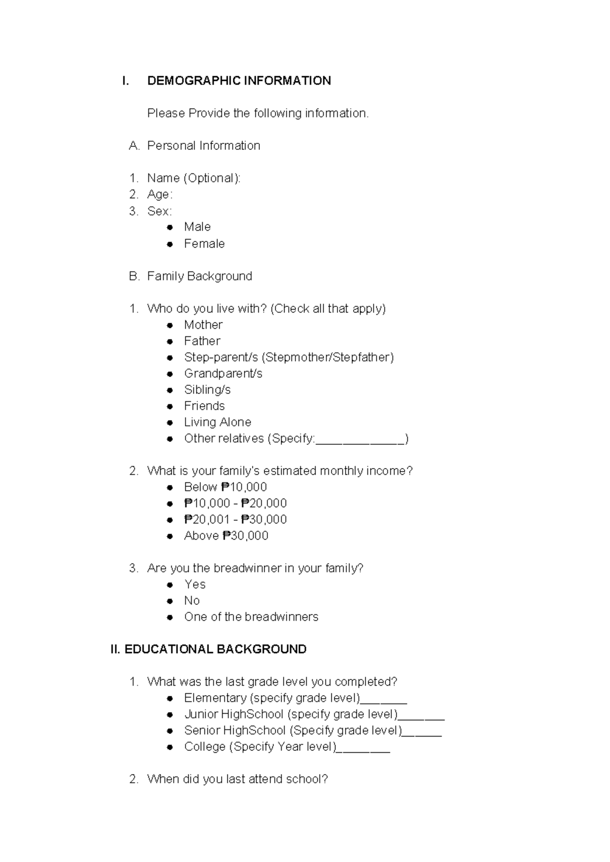 Demographic Survey Questionnaire: Factors Influencing Employment ...
