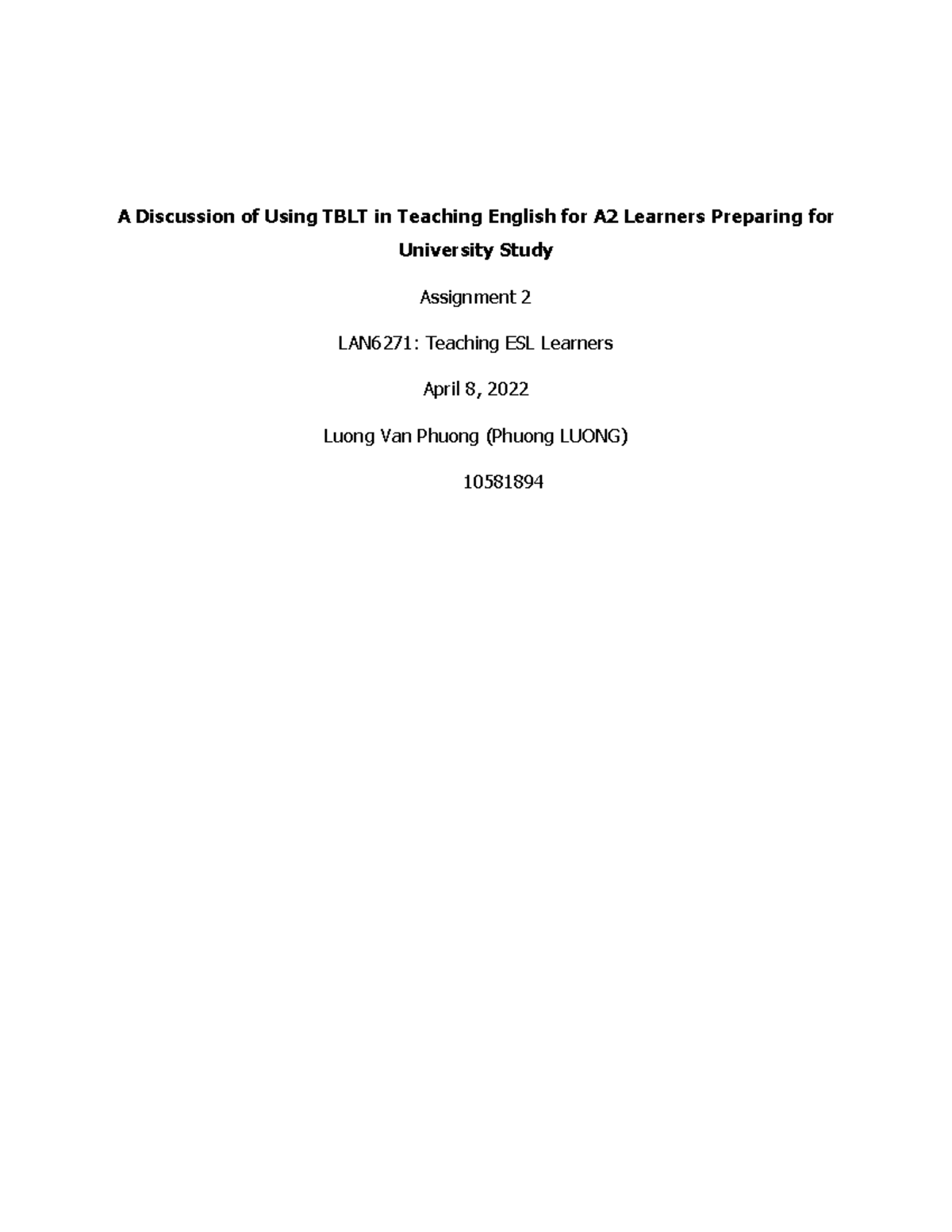 TBLT in ESL for A2 Learners: Assignment 2 - LAN6271 - Studocu