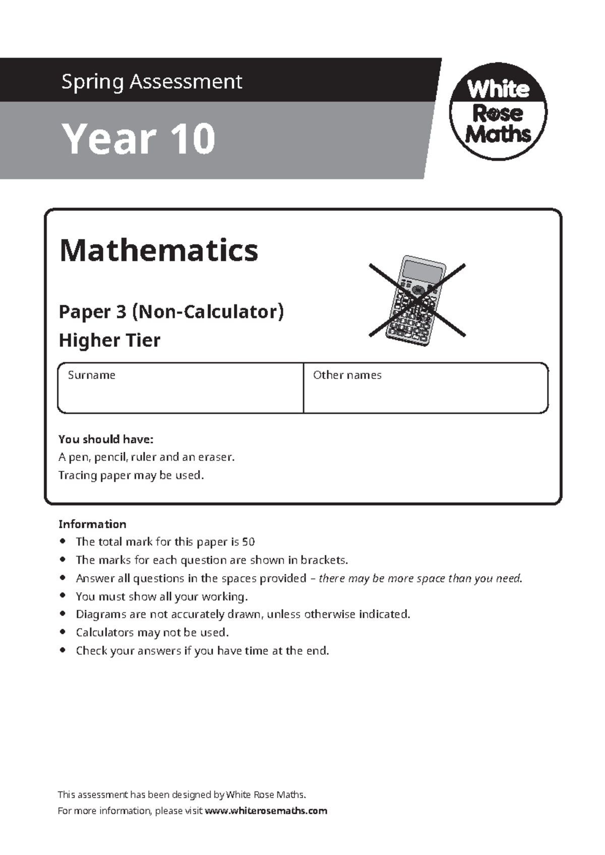Year 10 Mathematics Paper 3 Higher Spring Assessment 2021 - Studocu